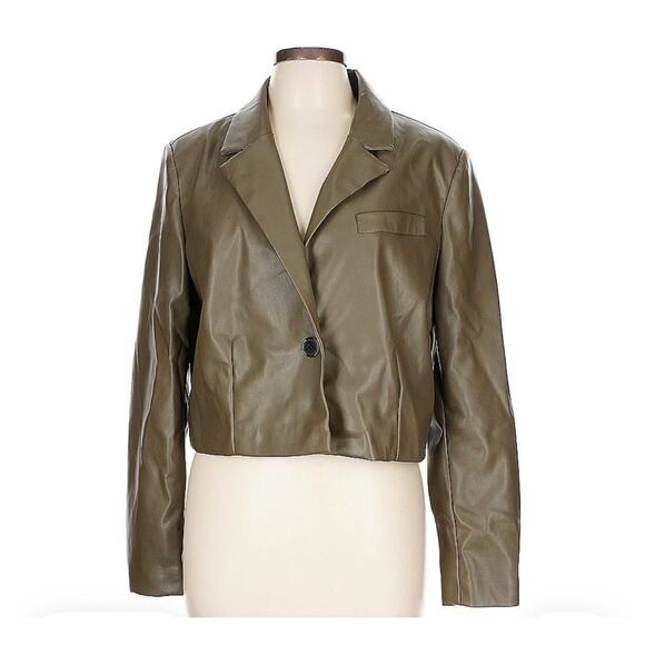 Anthropologie Avec Les Filles Cropped Faux Leather Jacket Moss Green Size Large - Picture 2 of 7